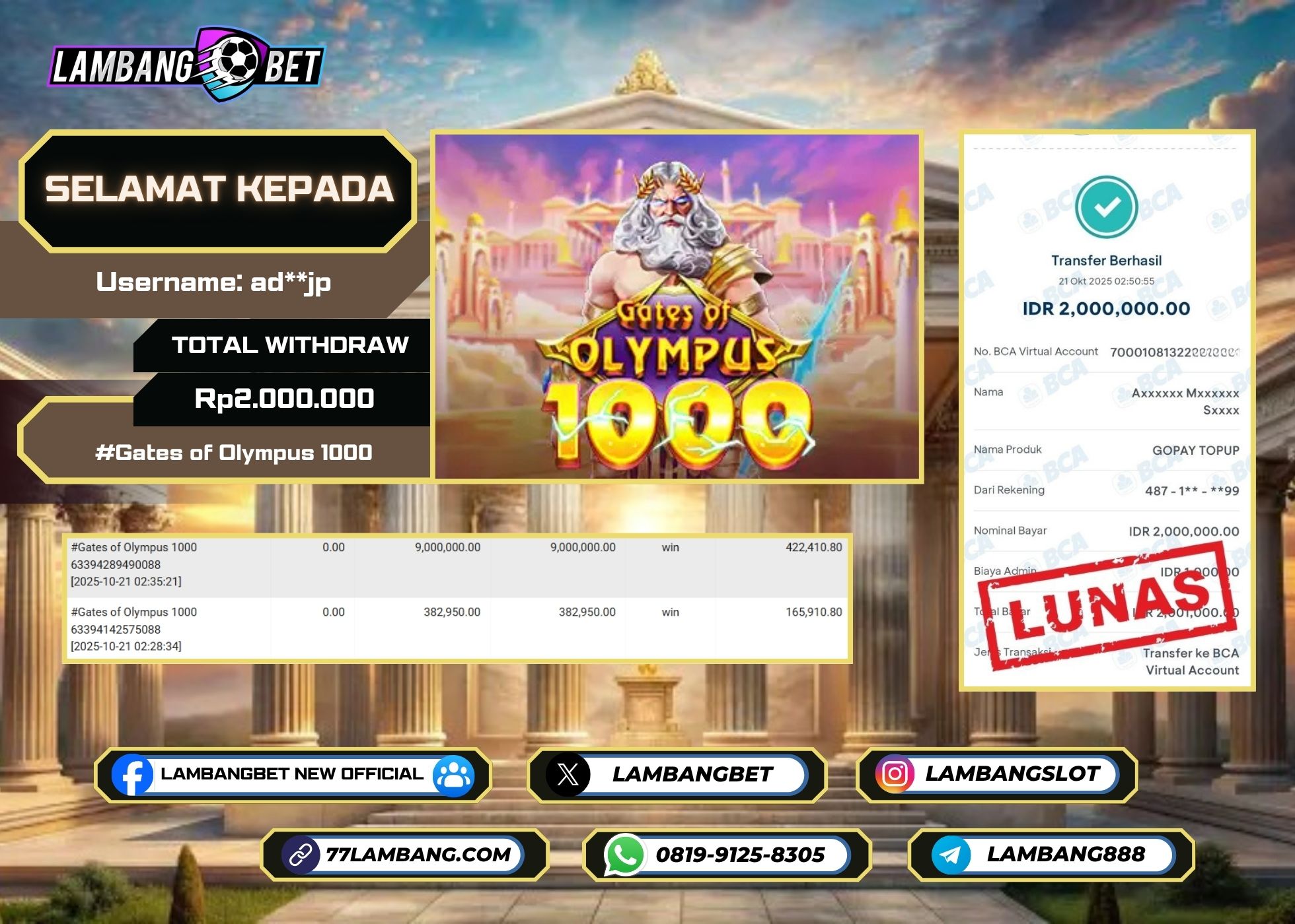 LAMBANGBET [21 OKTOBER 2025] JACKPOT SLOT Gates of Olympus 1000 "Rp2.000.000" LUNAS